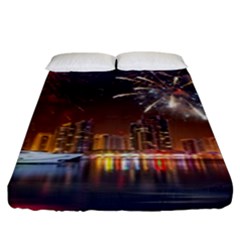 Christmas Night In Dubai Holidays City Skyscrapers At Night The Sky Fireworks Uae Fitted Sheet (king Size) by Sapixe