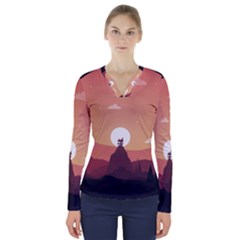 Design Art Hill Hut Landscape V-neck Long Sleeve Top by Nexatart