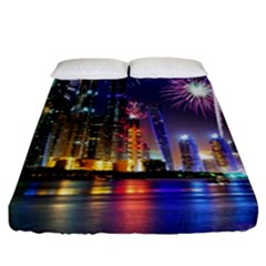 Dubai City At Night Christmas Holidays Fireworks In The Sky Skyscrapers United Arab Emirates Fitted Sheet (california King Size) by Sapixe