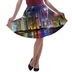 Dubai City At Night Christmas Holidays Fireworks In The Sky Skyscrapers United Arab Emirates A-line Skater Skirt by Sapixe