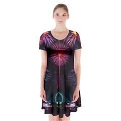 Happy New Year New Years Eve Fireworks In Australia Short Sleeve V-neck Flare Dress by Sapixe