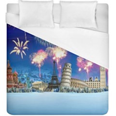 Happy New Year Celebration Of The New Year Landmarks Of The Most Famous Cities Around The World Fire Duvet Cover (king Size) by Sapixe