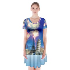 Happy New Year Celebration Of The New Year Landmarks Of The Most Famous Cities Around The World Fire Short Sleeve V-neck Flare Dress by Sapixe