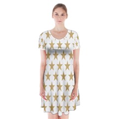 Star Background Gold White Short Sleeve V-neck Flare Dress by Sapixe