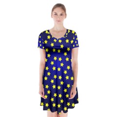 Star Christmas Red Yellow Short Sleeve V-neck Flare Dress by Sapixe