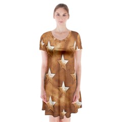 Stars Brown Background Shiny Short Sleeve V-neck Flare Dress by Sapixe