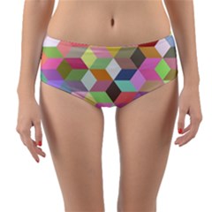 Mosaic Background Cube Pattern Reversible Mid-waist Bikini Bottoms by Sapixe