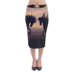 Horses Sunset Photoshop Graphics Velvet Midi Pencil Skirt by Sapixe