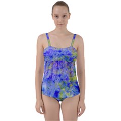 Abstract Blue Texture Pattern Twist Front Tankini Set by Simbadda