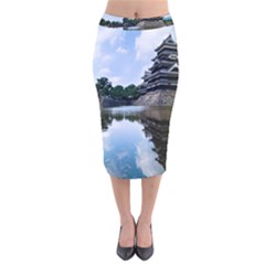 Beautiful Pagoda On Lake Nature Wallpaper Velvet Midi Pencil Skirt by Modern2018