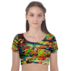 Width Velvet Short Sleeve Crop Top  by bestdesignintheworld