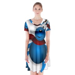 Reindeer Dancing Blue Christmas Short Sleeve V-neck Flare Dress by Simbadda