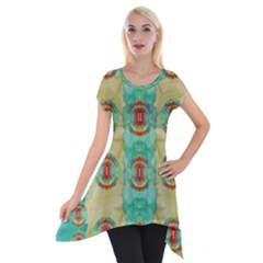 Peace Will Be In Fantasy Flowers With Love Short Sleeve Side Drop Tunic by pepitasart