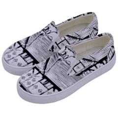 Line Art Architecture Vintage Old Kids  Canvas Slip Ons by Sapixe