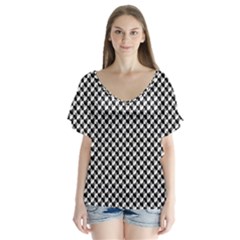 Black And White Checkerboard Weimaraner V-neck Flutter Sleeve Top by PodArtist