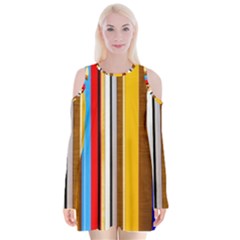 Colorful Stripes Velvet Long Sleeve Shoulder Cutout Dress by FunnyCow