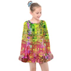 Color Abstract Artifact Pixel Kids  Long Sleeve Dress by Nexatart