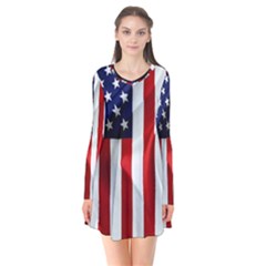 American Usa Flag Vertical Long Sleeve V-neck Flare Dress by FunnyCow