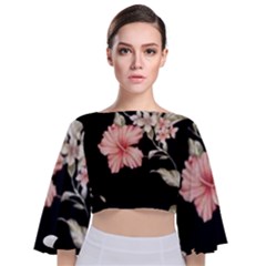 Beautiful Tropical Black Pink Florals  Tie Back Butterfly Sleeve Chiffon Top by flipstylezfashionsLLC