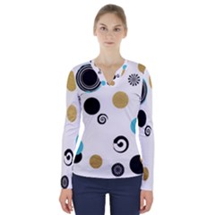 Fun Retro Blue Gold Circles  V-neck Long Sleeve Top by flipstylezfashionsLLC