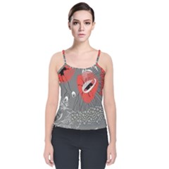 Red Poppy Flowers On Gray Background  Velvet Spaghetti Strap Top by flipstylezfashionsLLC