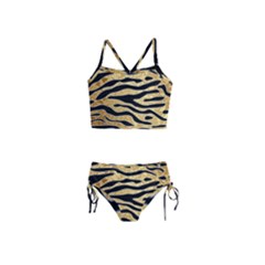 Golden Vector Embossed Golden Black Zebra Stripes Girls  Tankini Swimsuit by flipstylezfashionsLLC