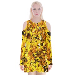 Birch Tree Yellow Leaves Velvet Long Sleeve Shoulder Cutout Dress by FunnyCow