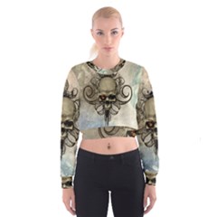 Awesome Creepy Skull With  Wings Cropped Sweatshirt by FantasyWorld7