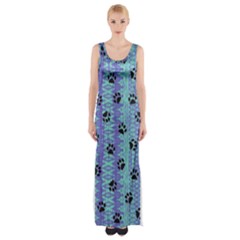 Footprints Cat Black On Batik Pattern Teal Violet Maxi Thigh Split Dress by EDDArt