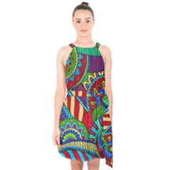 Pop Art Paisley Flowers Ornaments Multicolored 2 Halter Collar Waist Tie Chiffon Dress by EDDArt