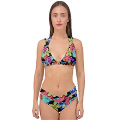 Colorful Retro Flowers Fractalius Pattern 1 Double Strap Halter Bikini Set by EDDArt