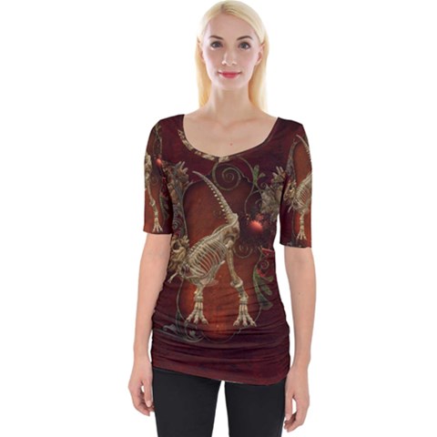 Awesome T Rex Skeleton, Vintage Background Wide Neckline Tee by FantasyWorld7