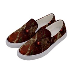 Awesome T Rex Skeleton, Vintage Background Women s Canvas Slip Ons by FantasyWorld7