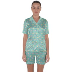 Teal Milk Hearts Satin Short Sleeve Pyjamas Set by snowwhitegirl