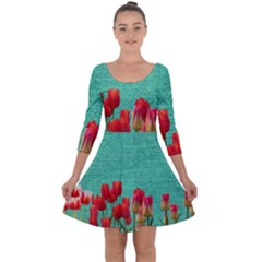 Green Denim Flowers Quarter Sleeve Skater Dress by snowwhitegirl