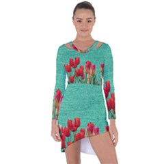 Green Denim Flowers Asymmetric Cut-out Shift Dress by snowwhitegirl