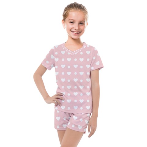 Hearts Dots Pink Kids  Mesh Tee And Shorts Set by snowwhitegirl