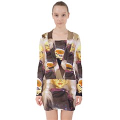 Eating Lunch V-neck Bodycon Long Sleeve Dress by snowwhitegirl