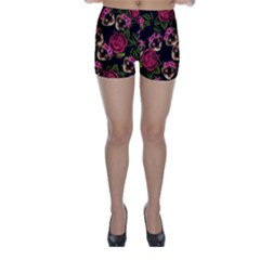 Lazy Cat Floral Pattern Black Skinny Shorts by snowwhitegirl