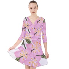 Pink Flowers Quarter Sleeve Front Wrap Dress by lwdstudio