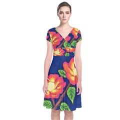 Sunset Flowers Short Sleeve Front Wrap Dress by lwdstudio