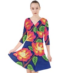 Sunset Flowers Quarter Sleeve Front Wrap Dress by lwdstudio