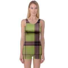 Avocado Green Plaid One Piece Boyleg Swimsuit by snowwhitegirl