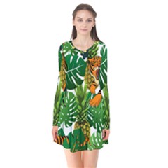 Tropical Pelican Tiger Jungle Long Sleeve V-neck Flare Dress by snowwhitegirl