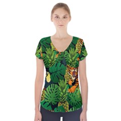 Tropical Pelican Tiger Jungle Black Short Sleeve Front Detail Top by snowwhitegirl