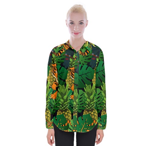 Tropical Pelican Tiger Jungle Black Womens Long Sleeve Shirt by snowwhitegirl