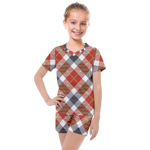 Smart Plaid Warm Colors Kids  Mesh Tee And Shorts Set by ImpressiveMoments