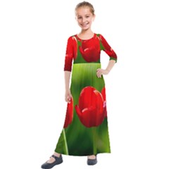 Three Red Tulips, Green Background Kids  Quarter Sleeve Maxi Dress by FunnyCow