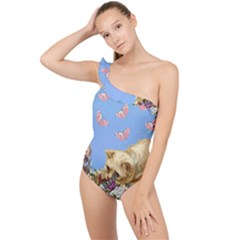 Cat And Butterflies Frilly One Shoulder Swimsuit by snowwhitegirl