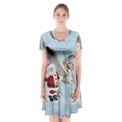 Santa Claus With Cute Pegasus In A Winter Landscape Short Sleeve V-neck Flare Dress by FantasyWorld7